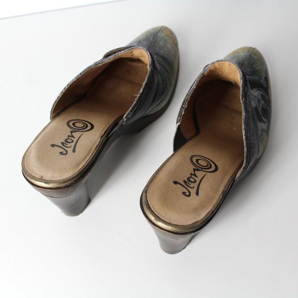 ICON Los Angeles Leather shoes slip on heels mules sz 9.5 cute dog PUG art Jeon - Picture 11 of 16